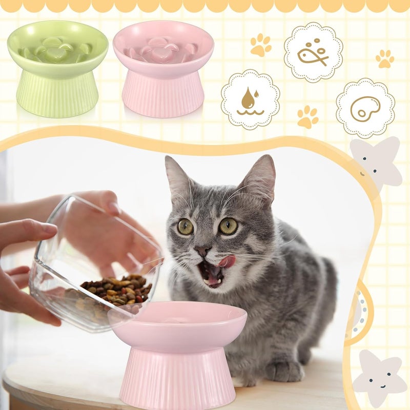 Layhit 2 Pack Raised Slow Feeder Cat Bowls Ceramic Elevated Cat Food Bowls Anti Vomiting Slow Feeder for Dog and Kitten for Dry and Wet Food(Green, Pink) - Image 4